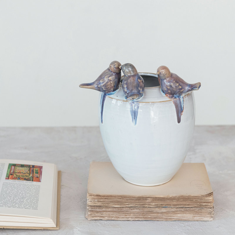 Decorative Stoneware Planter with Birds on Rim and Reactive Glaze