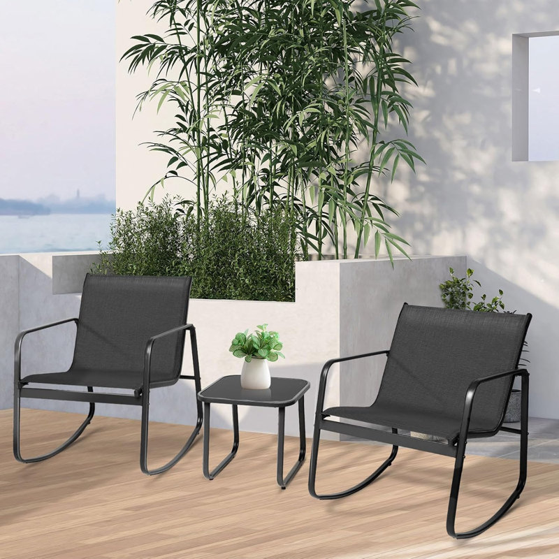 2 - Person Outdoor Dining Set, 3-Piece PVC-coated polyester Rocking Outdoor Seating Group, Black