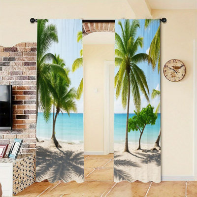 2 Pieces Tropical Beach Palm Tree Ocean View Light Filtering Curtains with Summer Vacation Scenery, Easy Hang Rod Pocket Design, All-Season for Home Living Room Bedroom Balcony Patio Decoration