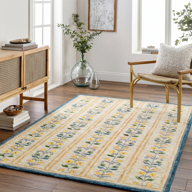 Moroccan Wool Hand Tufted Area Rug, Rectangle 200 x 275 cm, Ivory/Cornflower Blue/Mustard/Sage/Charcoal