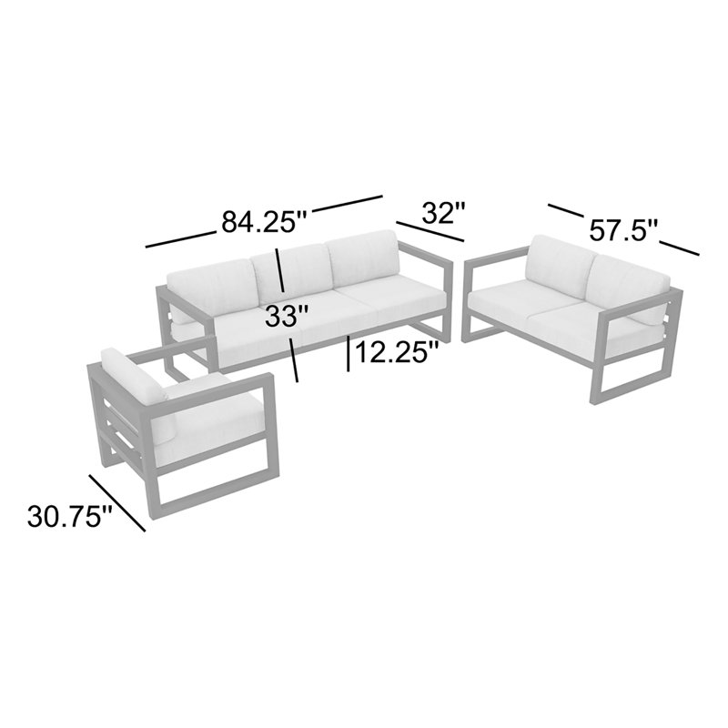 Avion 3 Piece Sofa Loveseat Set, Canvas Flax Sunbrella® Canvas, Slate