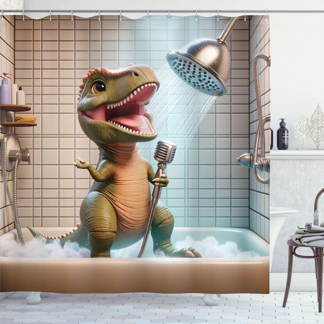 East Urban Home Funny Shower Curtain Showering and Singing Dino in Olive Green Dark Tan East Urban Home 