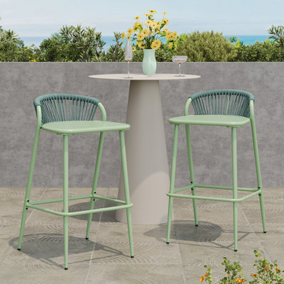Tabourets de bar d'extérieur à structure en aluminium à hauteur d'assise de 29 po avec dossier en forme de feston tissé à la corde, ensemble de 2, orange