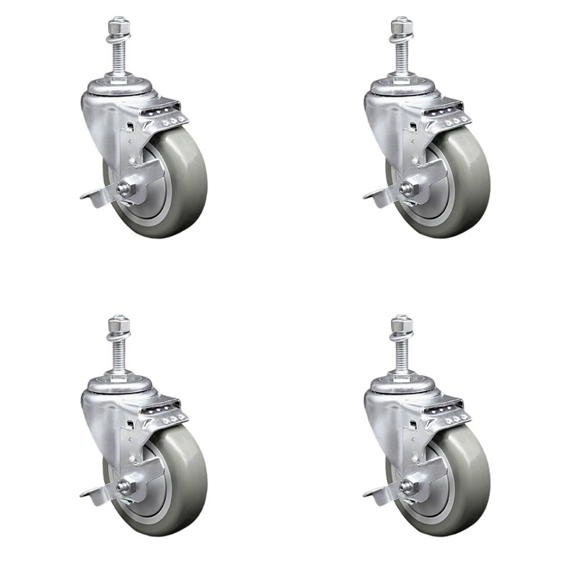 4 Inch_Polyurethane Swivel 3/8 Inch Threaded Stem Caster Set with Brake SCC, Gray