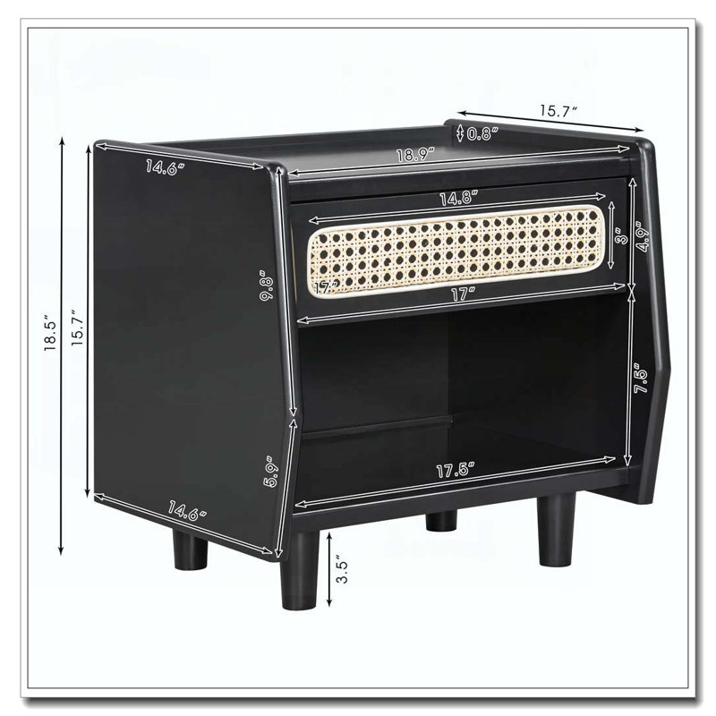 Table de chevet avec détails en rotin, Noir