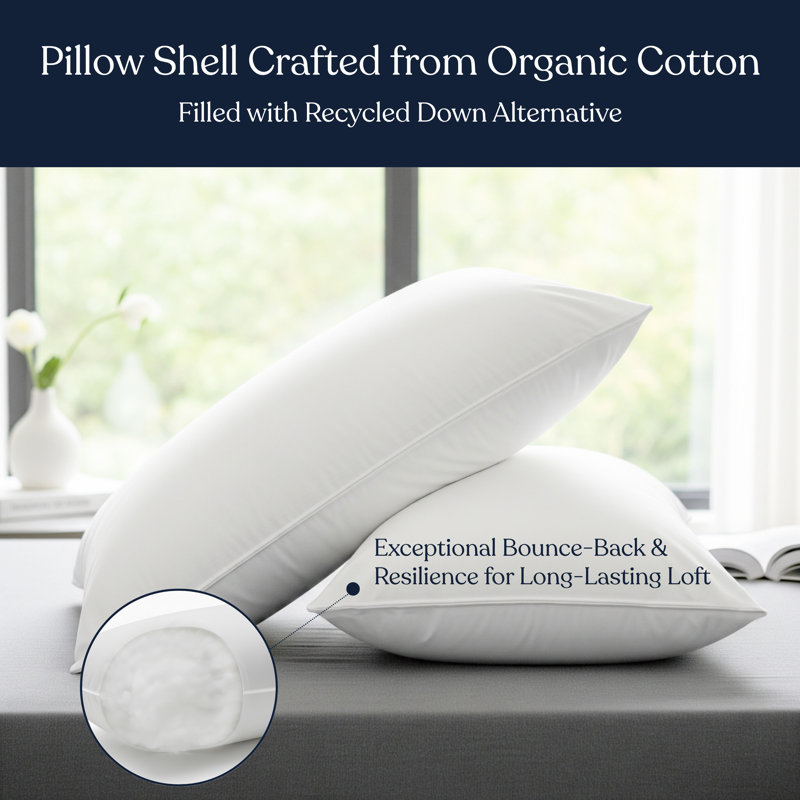  Pillows For Sleeping Set Of 2 Bed Pillows 20" x 36", Organic Cotton 300TC Shell, Recycled Down Alternative Fill, Supportive For Back And Side Sleepers, Hypoallergenic & Breathable