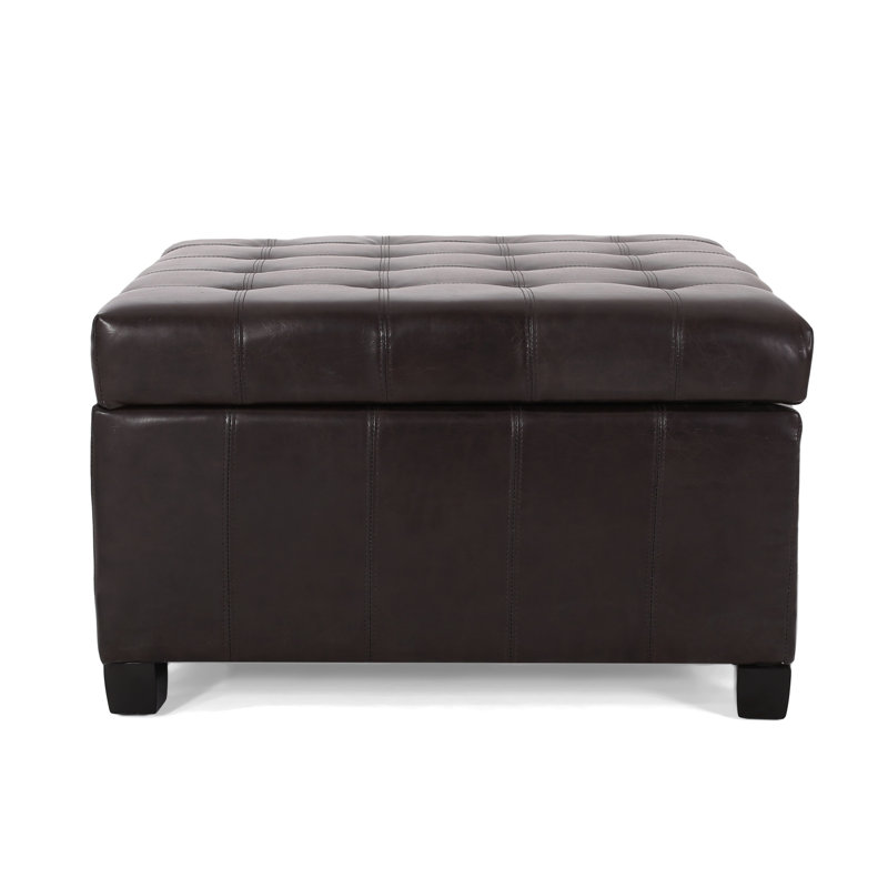 Rangement rembourré en cuir de polyuréthane brun foncé avec surpiqûres gaufrées et allure contemporaine, charnières à fermeture en douceur, idéales pour le rangement à la maison, profondeur de 29,63 po, brun de 17,61 po, bouton à lignes épurées