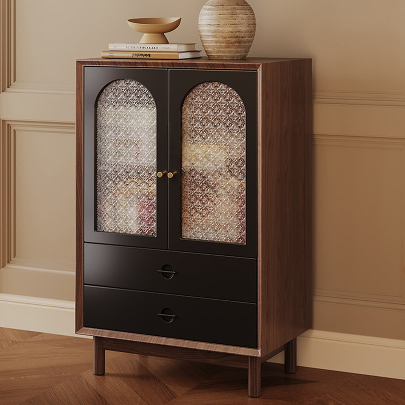 Buffet en bois massif noir et noyer, Noir/noyer