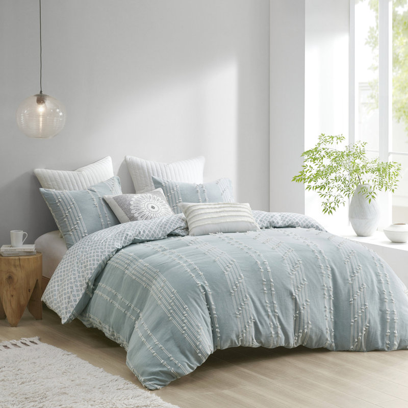 Housse de couette en coton double / grand, rayée et revers avec taies décoratives assorties, literie 3 pièces pour lit double / grand, tissu lavable à motif de losanges