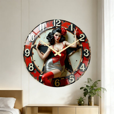 Horloge murale rétro en forme de pin-up femme rose rouge - 24 po