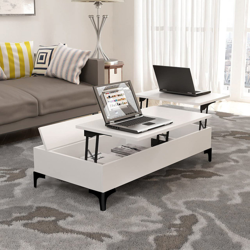 Table basse extensible avec rangement à plateau relevable Fairholme, Blanc