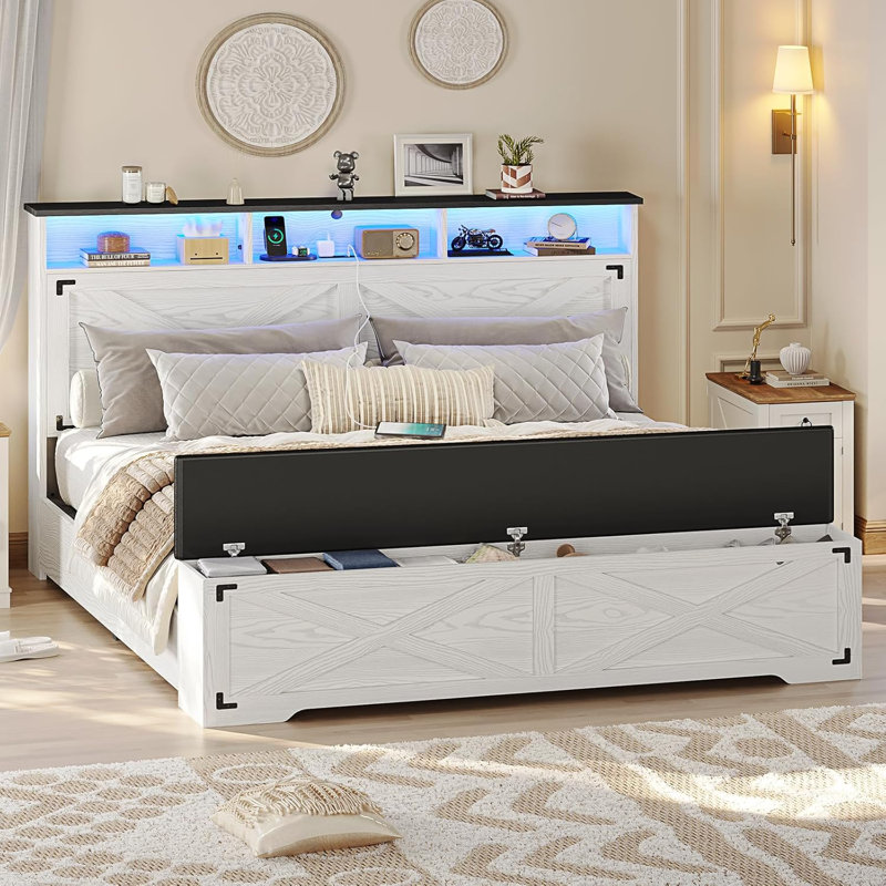 Bed Frame Queen Size With Storage Headboard And Ottoman Farmhouse Queen Platform Bed Frame With Led Lights,Charging Station And Storage Bench,Metal Slats,No Box Spring Needed