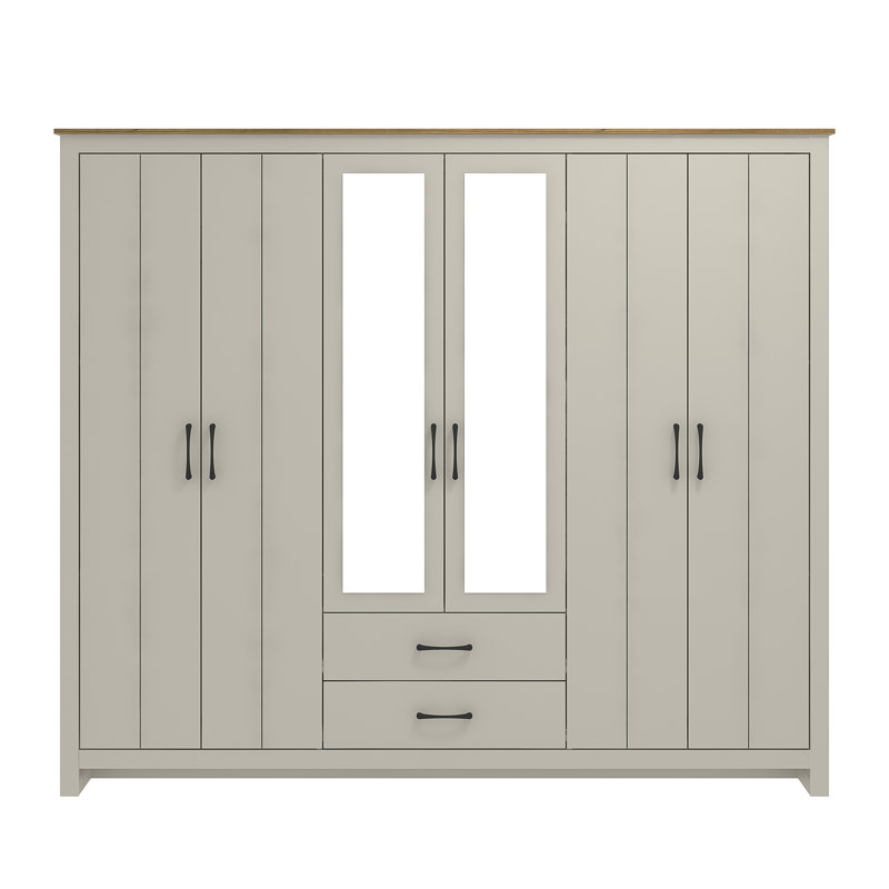 Limestone 6 Door 2 Drawer Wardrobe with Mirror, Light Grey