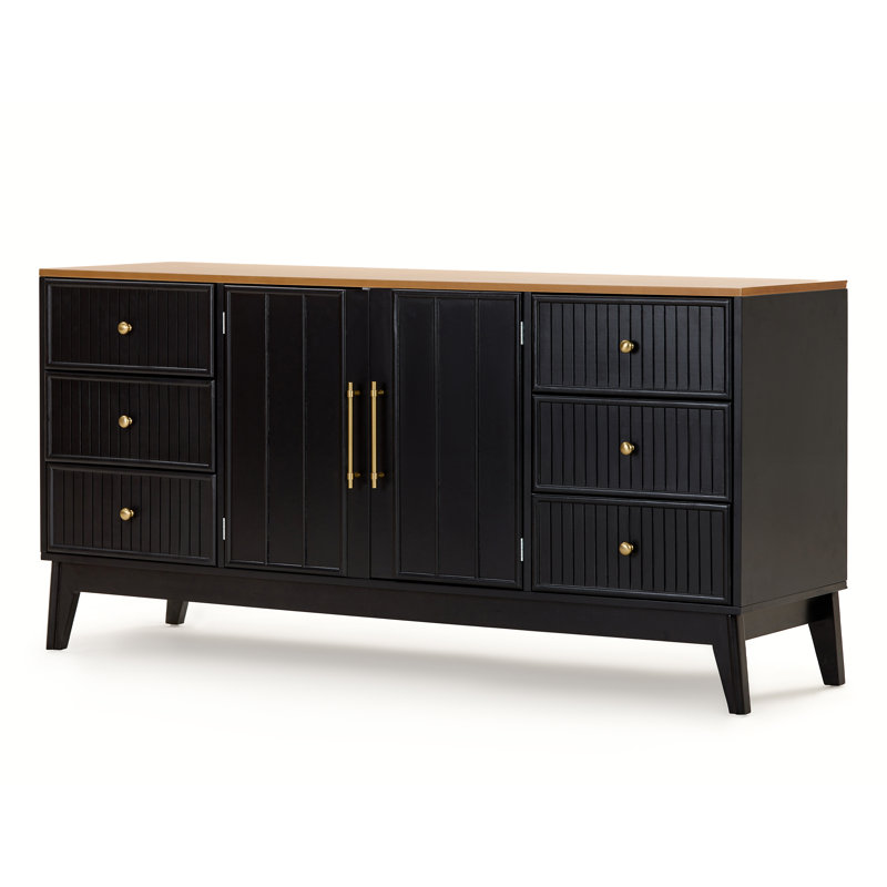 60-Inch Modern Farmhouse MDF and Acacia Wood Sideboard with 6 Drawers and Adjustable Shelf