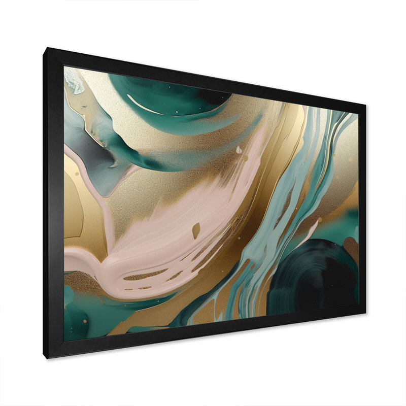 Or et vert marbré Euphoria V - art mural grand marbre abstrait, Cadre simple noir, H 16 po x l 32 po x P 1 po