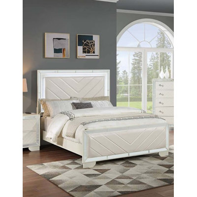 Contemporary Queen Upholstered Bed Frame with LED Lighting and Tufted Faux Leather Headboard