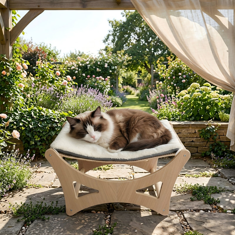 Lit surélevé en bois pour chat avec tapis à griffer en sisal naturel, coussin moelleux amovible, lit à griffer avec cadre en bois, L 22 po x l 17,7 po