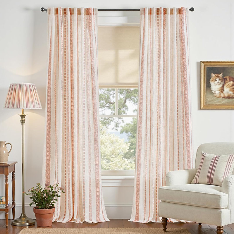 Semi Sheer Linen Blend Boho Herringbone Printed Back Tab Rod Pocket Curtain Pair, Terracotta on Beige, 52" W X 96" L