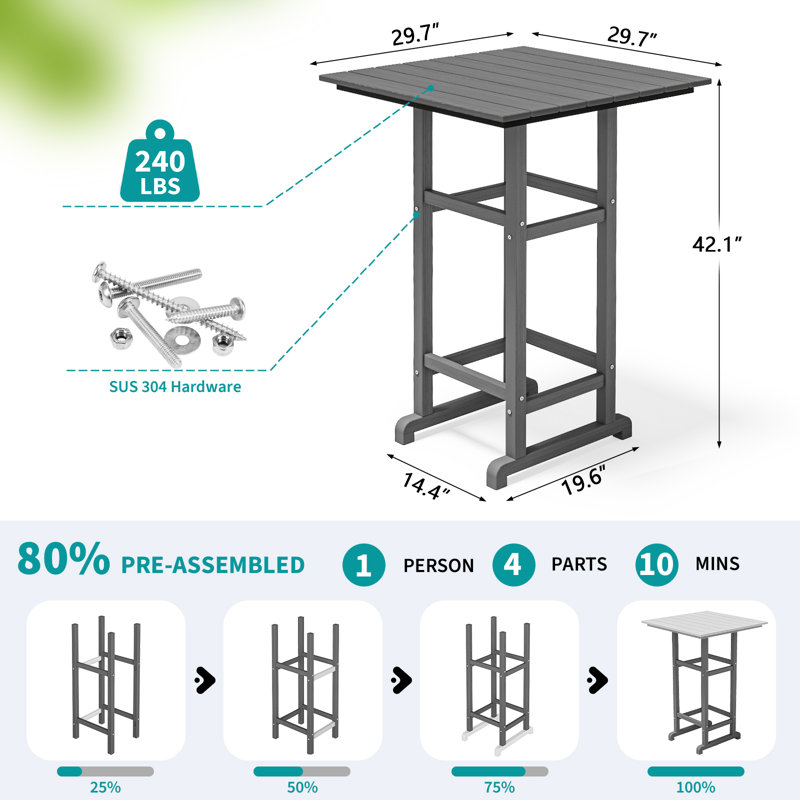 5-Piece HDPE Outdoor Bar Set – 4 Tall Bar Chairs & 1 Square Table, All-Weather Patio Furniture for Poolside, Garden, or Balcony