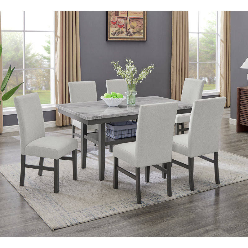 Selena 7-Piece 60" Rectangular Gray Dining Set With 6 Upholstered Chairs And Storage Shelf In Gray Finish
