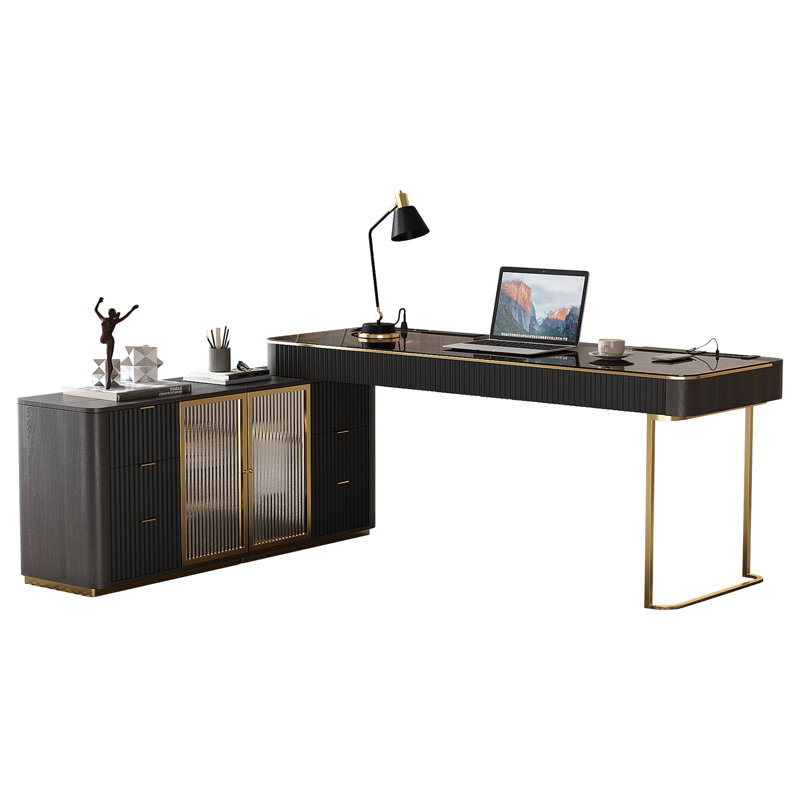 180.3Cm W L-Shaped Executive Desk with Cabinet