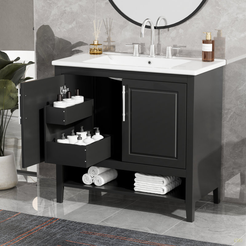 Meuble-lavabo 36 po avec lavabo, armoire de salle de bain multifonctionnelle avec portes et tiroirs, structure en panneau de fibres à densité moyenne et panneau de fibres à densité moyenne