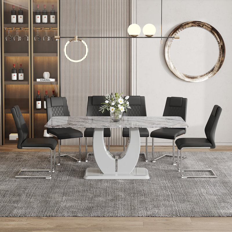 71" Dining Table Set, Modern Tempered Glass Top With PU Leather Chairs, Black, 7 Pieces: Table, 6 Chairs