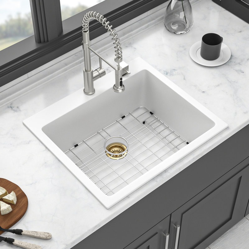 25X22" White Granite Quartz Drop - In Kitchen Sink, Long Lasting And Low Noise, Rounded Corners For Quick Clean Up, Package With Drain Strainers Composite Quiet, Wiping,