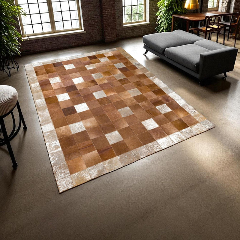 Tapis brun en cuir de vache patchwork brun, tapis en cuir beige naturel brun, Rectangle 6 pi x 9 pi