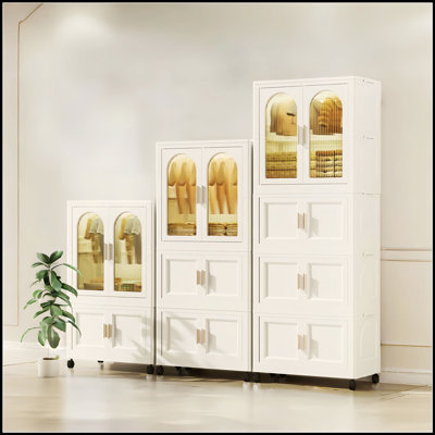Armoire pliante latérale de 25,59 po de largeur, 25,59 po x 15,75 po x 57,09 po, avec porte magnétique, armoire de rangement en plastique avec roulettes (une couche de garde-robe + deux couches de boîtes pliantes + 10 cintres)