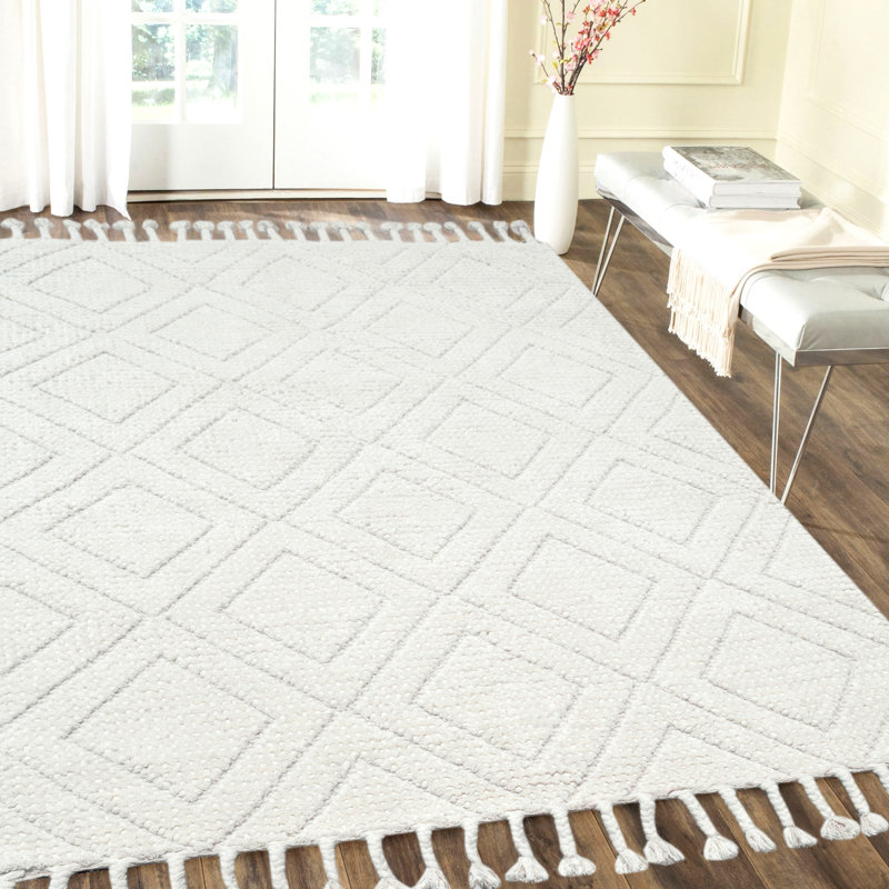 Tapis ivoire en laine tissé à la main à motif géométrique Hedva, Rectangle 5 pi x 8 pi