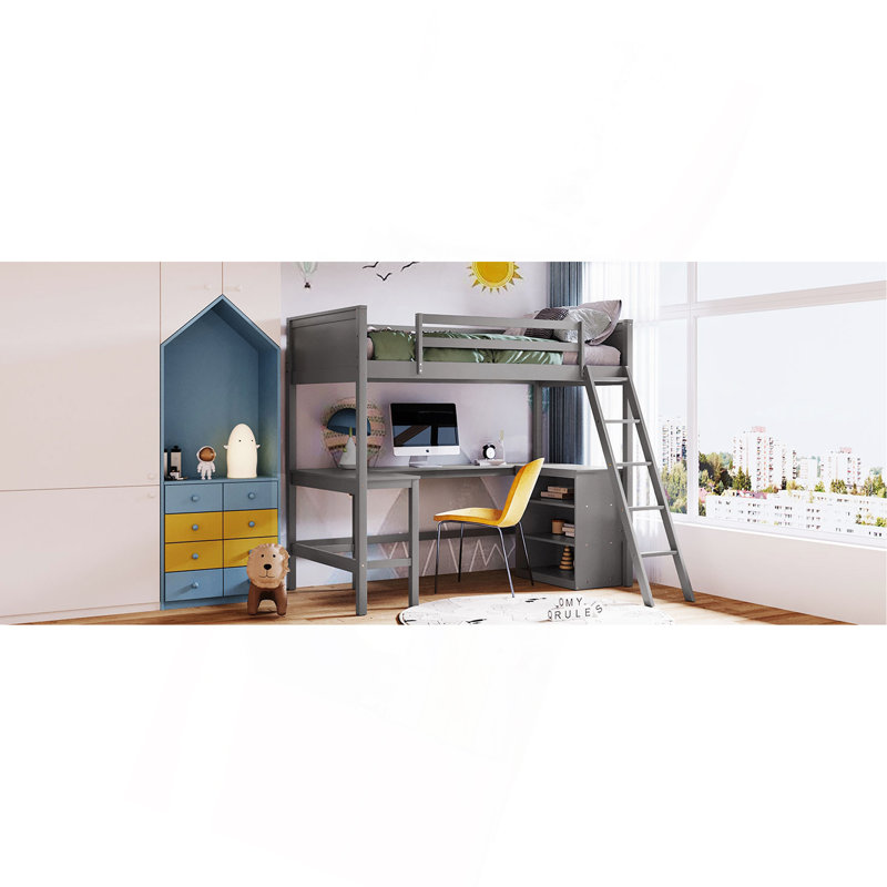 Lit mezzanine simple avec tablettes et bureau, lit mezzanine en bois avec bureau, Gris