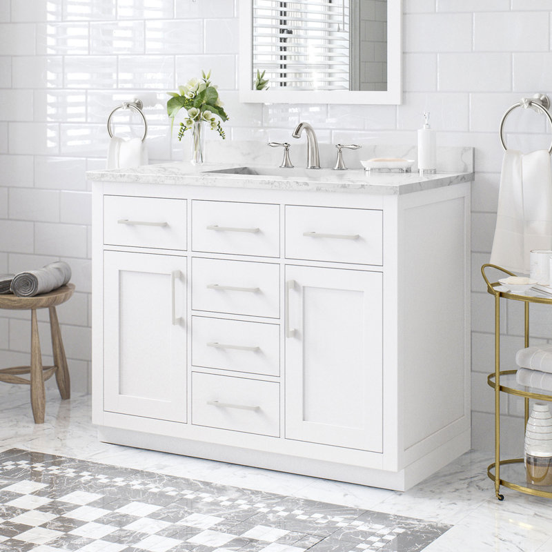 Meuble-lavabo autoportant blanc simple 42 po avec plateau en marbre d'ingénierie Athea et quincaillerie en nickel brossé Athea