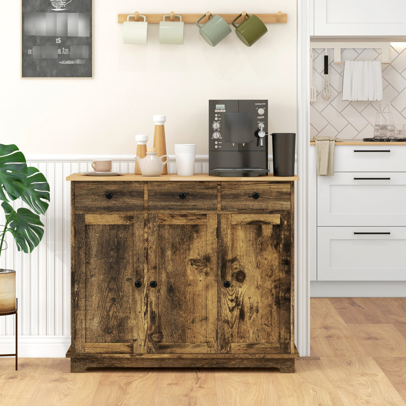 Buffet de cuisine brun rustique avec 3 tiroirs et tablette de rangement réglable