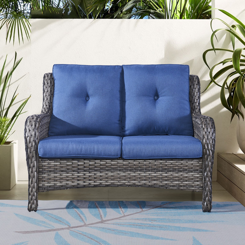 Tonry 53'' Wide Rectangle Wicker Patio Sofa with Cushions, Blue, Gray