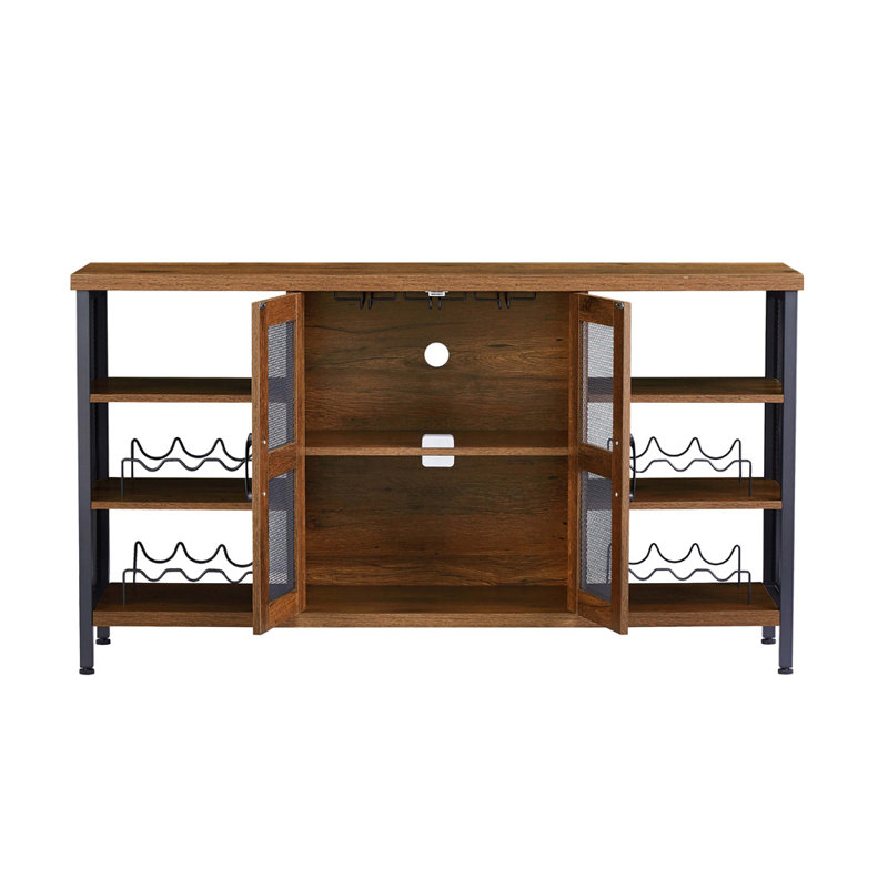 Tingsley Industrial Wine Bar Cabinet Sideboard with Wine Racks & Stemware Holder, Brown