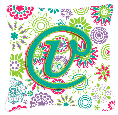 Monogramme initiale fleurs intérieur/extérieur Throw Pillow, V, 14" H x 14" L x 4" D