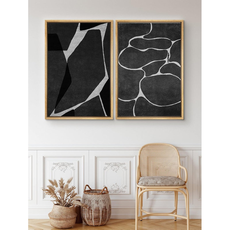 Formes angulaires noires avec ovales oblongs, art moderne abstrait géométrique foncé, H 36 po x l 24 po