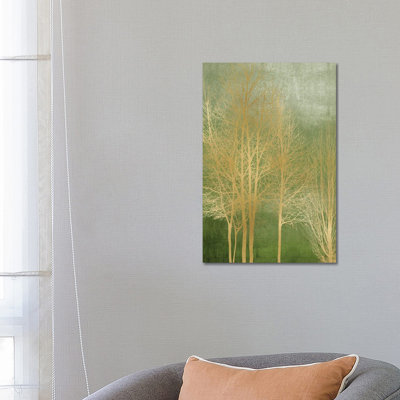 Gold Trees On Green Panel I by Kate Bennett - Wrapped Canvas Painting