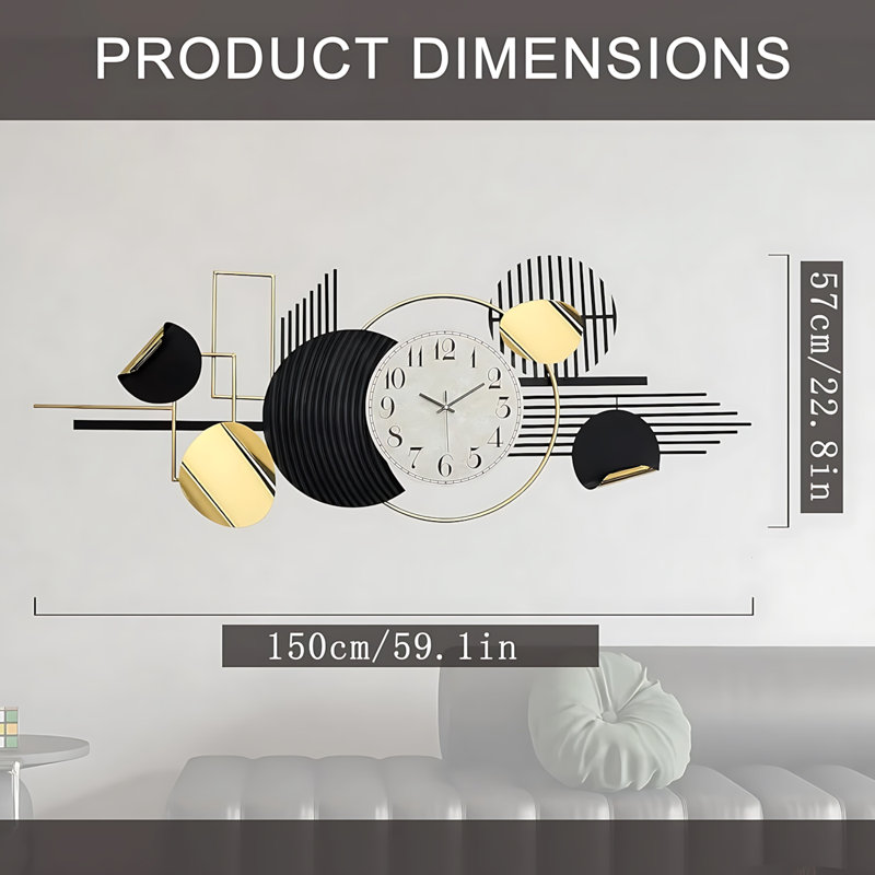 Grande horloge murale géométrique abstraite moderne en métal 3D - utilisation intérieure pour le salon, la chambre à coucher, la salle à manger - pas d'électricité requise, plumes