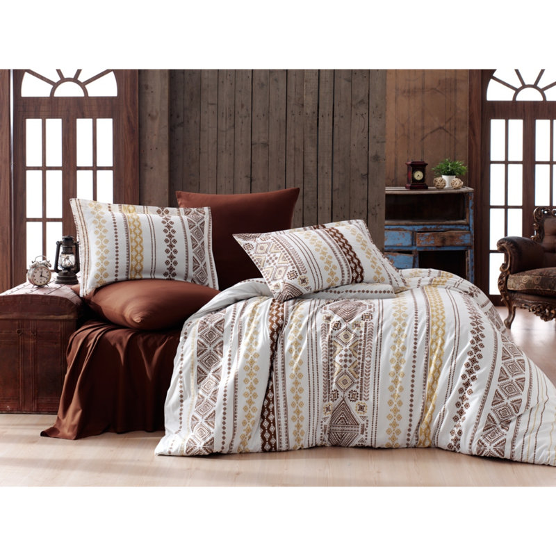 Ensemble de housse de courtepointe 100% coton Ranforce, blanc, brun et jaune, 86,6 x 86,6 po | 145 fils, impression de pigments | Lavable à la machine, fermeture à boutons et enveloppes | Literie douce et durable pour un sommeil douillet