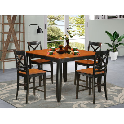 5 Piece Counter Height Pub Set Includes a Square Dining Table with Pedestal and 4 Kitchen Dining Chairs, Black & Cherry