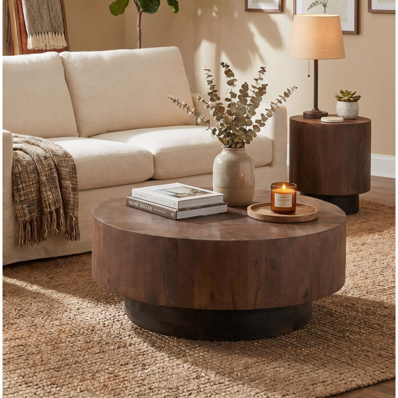 Solid Mango Wood Round Coffee Table, Walnut