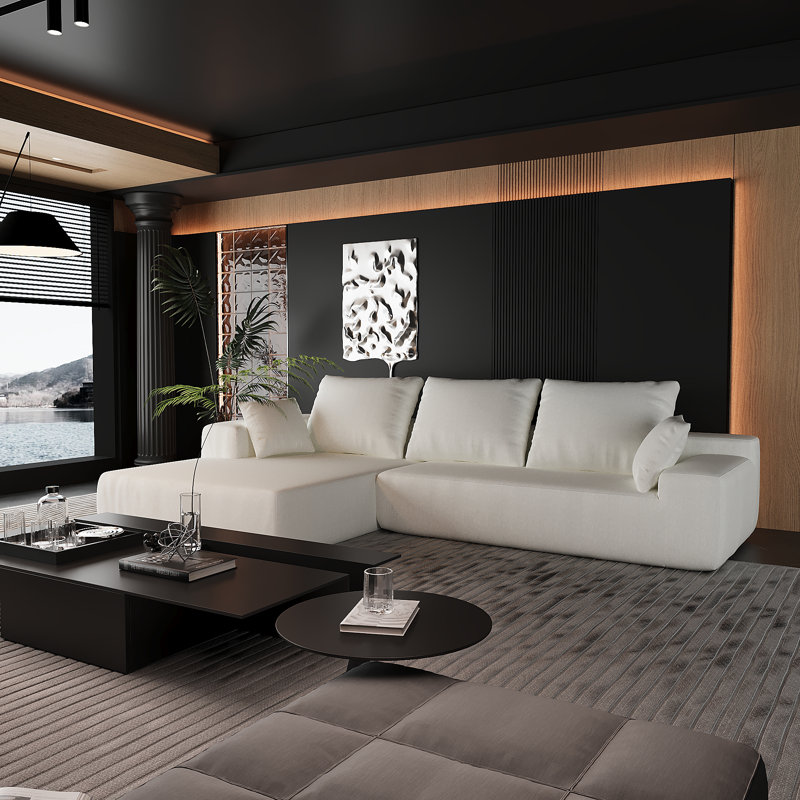 Boneless L-shaped Modular Foam-filled with Spring Support Simple Living Room Sofa, White Chenille