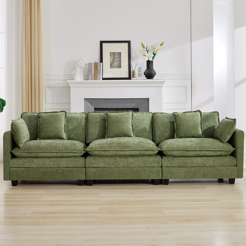 Canapé modulaire en tissu d'ameublement Chenille, Vert, 3 places