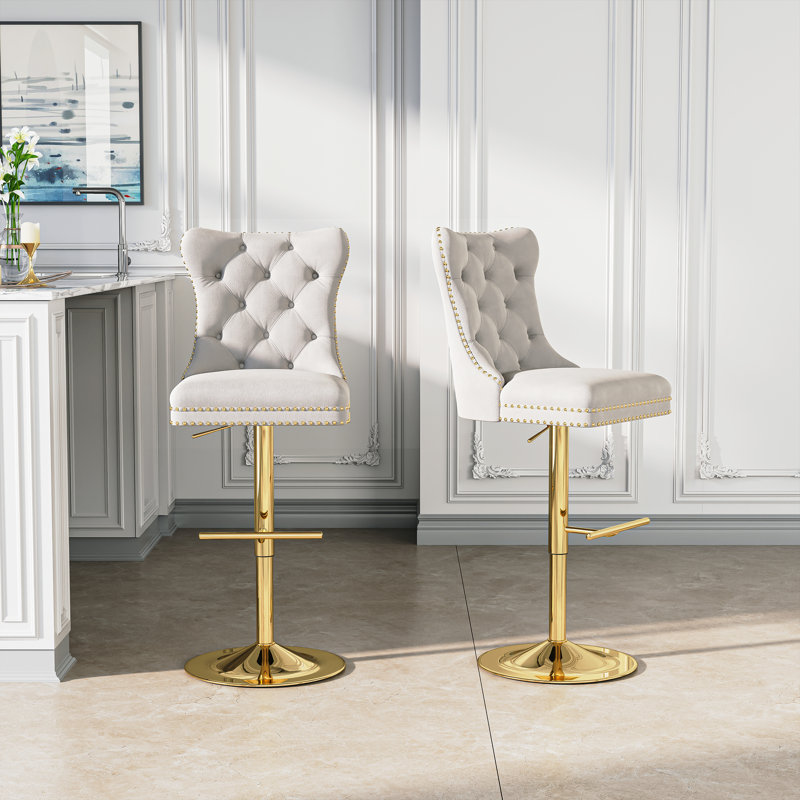 Swivel Upholstered Adjustable Height Counter Stool With Metal Frame, White, Gold, 4