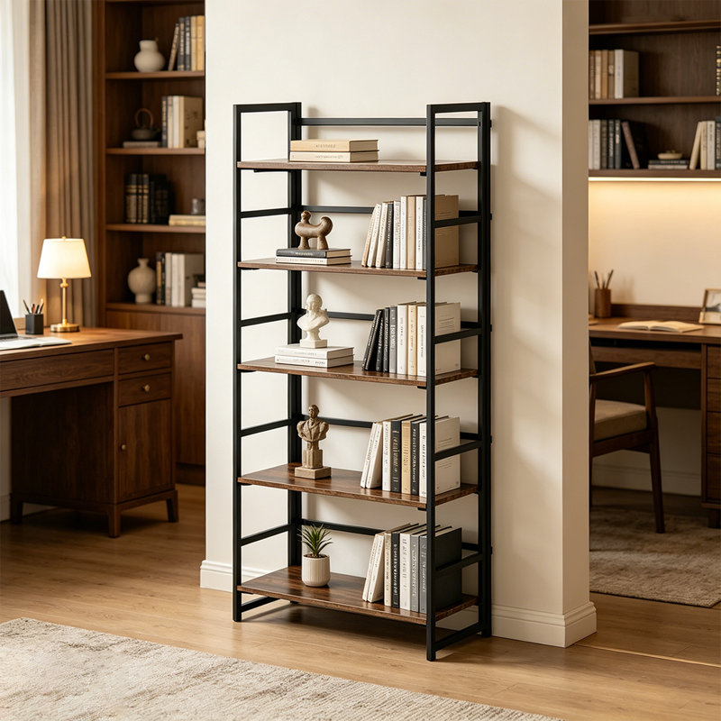 Bibliothèque multifonctionnelle à 5 niveaux, bibliothèque pliante rétro, tablettes de rangement sans assemblage pour le bureau personnel