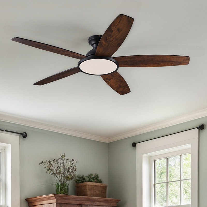 Ventilateur de plafond encastré avec lumière DEL et télécommande, Noir mat avec pales noir mat / brun, 52"