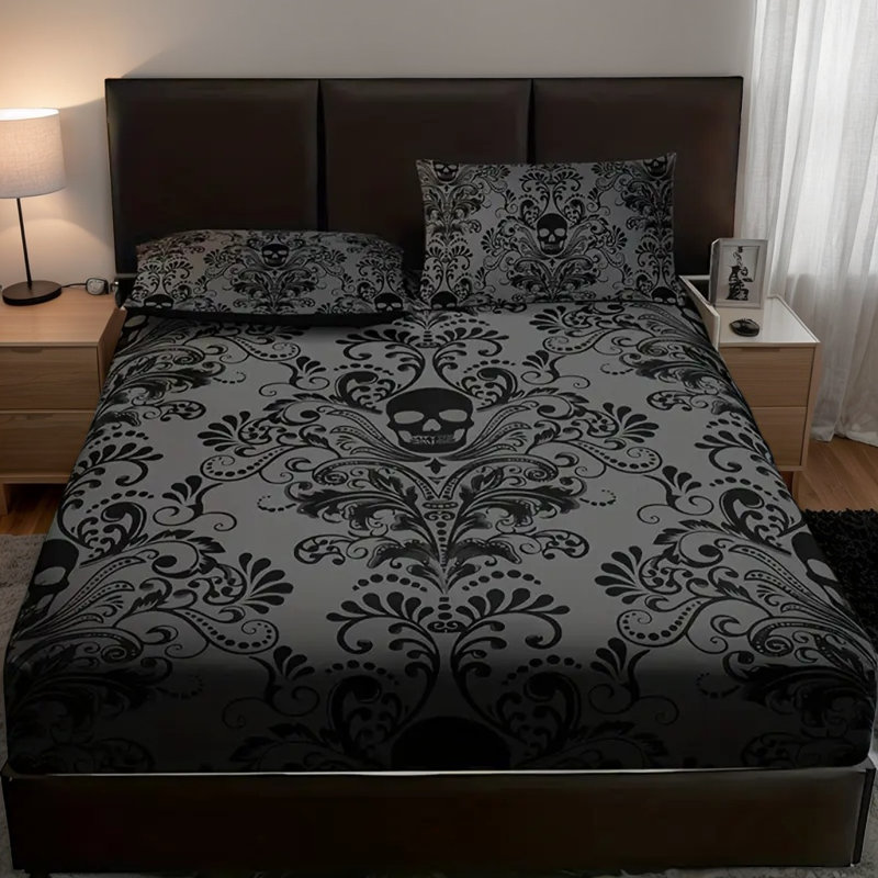 Orylavena Gothic Damask Skull Fitted Sheet Set, Gray and Black Elegant Filigree Microfiber Bedding, Twin Full Queen King, Digital Print, No Pillow Insert Included
