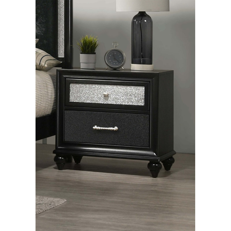 Table de chevet 2 tiroirs Luxury Glam avec accents chatoyants, fabrication en bois massif pour les chambres élégantes